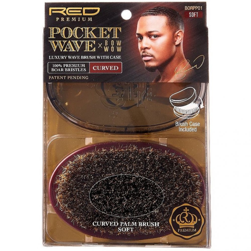 Red by Kiss Pocket Wave X Bow Wow 100% Premium Boar Bristles Curved Wave Brush with Cas